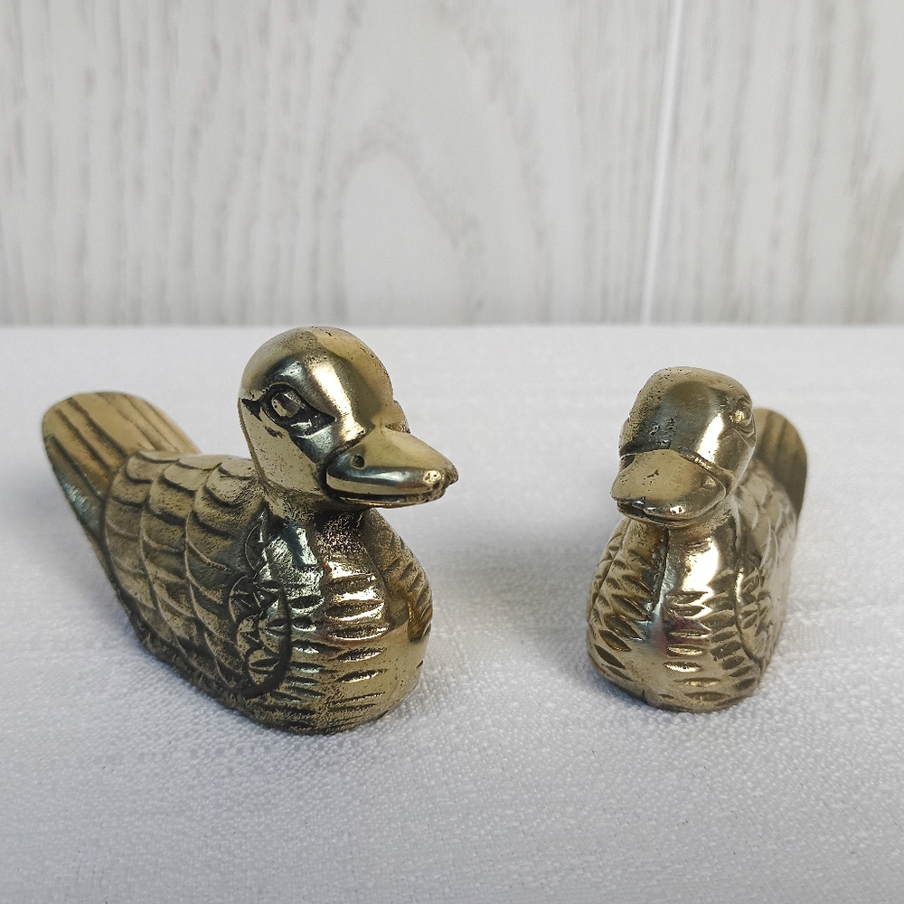 VTG Brass Duck Figurine 3" Paperweight Decor Waterfowl Lake Miniature set of 2